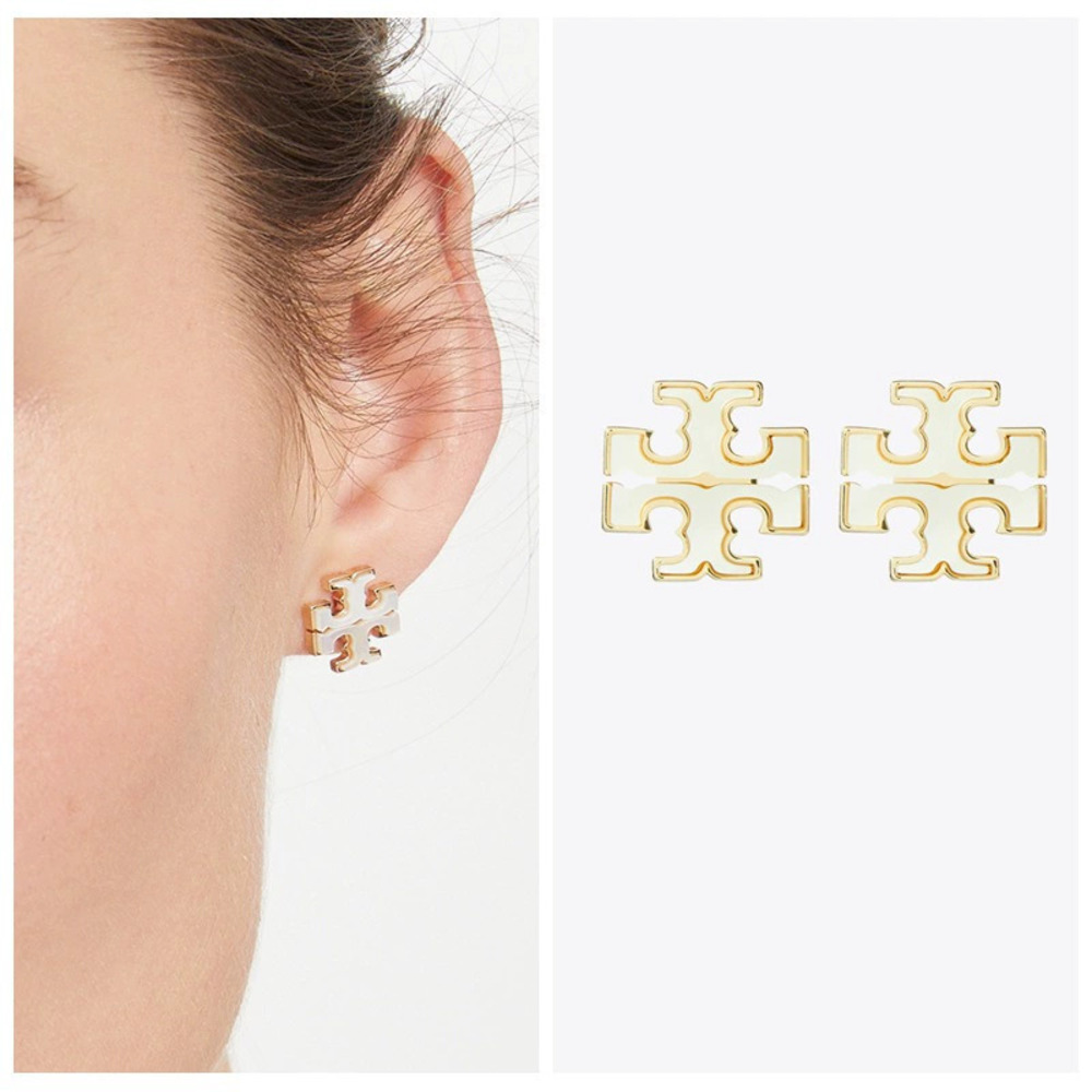 Tory Burch Gold White Shell Basic Square Stud Earrings